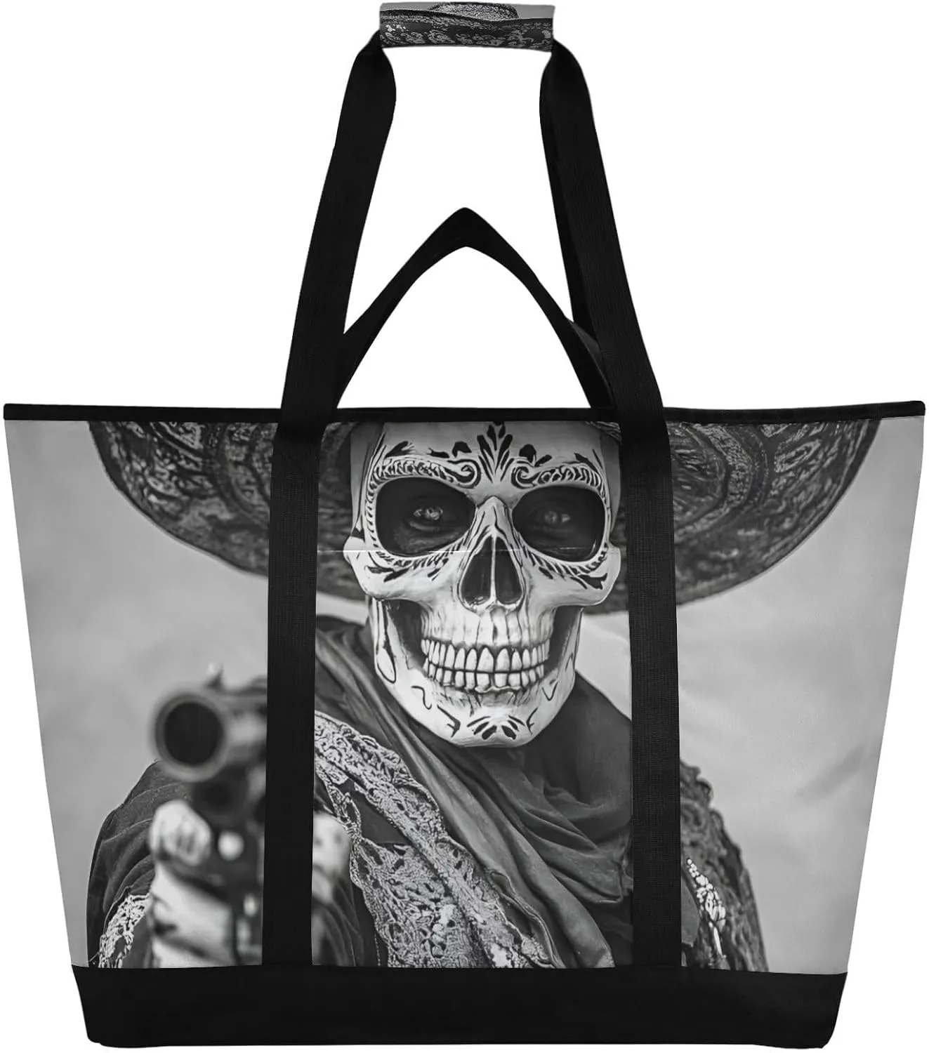 Large Insulated Reusable Tote Bag Sugar Skeleton Hat for Grocery Shopping for Women Men, Cooler Bag with Zippered Top & Handles for Travel Beach Picnic