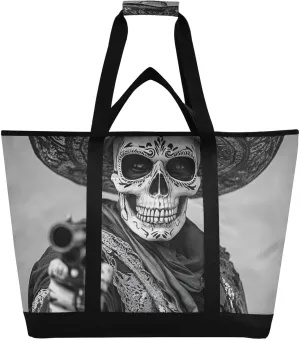 Large Insulated Reusable Tote Bag Sugar Skeleton Hat for Grocery Shopping for Women Men, Cooler Bag with Zippered Top & Handles for Travel Beach Picnic