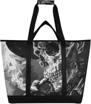 Large Insulated Reusable Tote Bag Vintage Skull Hat for Grocery Shopping for Women Men, Cooler Bag with Zippered Top & Handles for Travel Beach Picnic