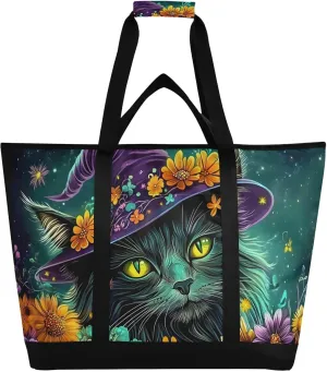 Large Insulated Tote Bag Cat Halloween Hat for Grocery Shopping Reusable Tote Bags for Women Men, Cooler Bag with Zippered Top & Handles for Beach Picnic Travel