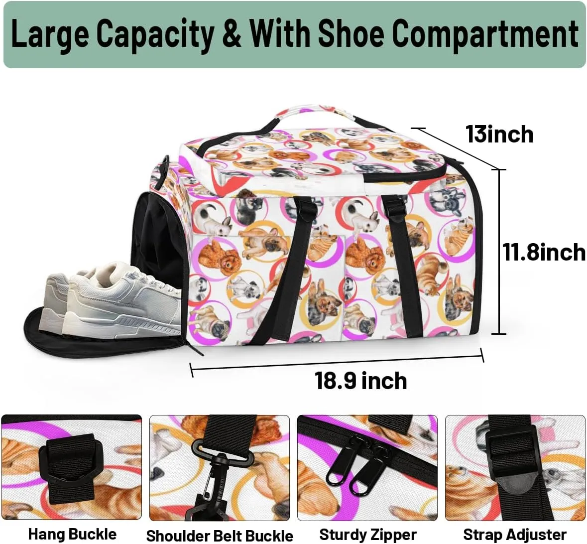 Large Sports Gym Bag With Shoe & Laptop Compartment 47L Waterproof Travel Duffel Bags for Men Women Animal Dog Pattern Luggage Backpack Duffle Bag