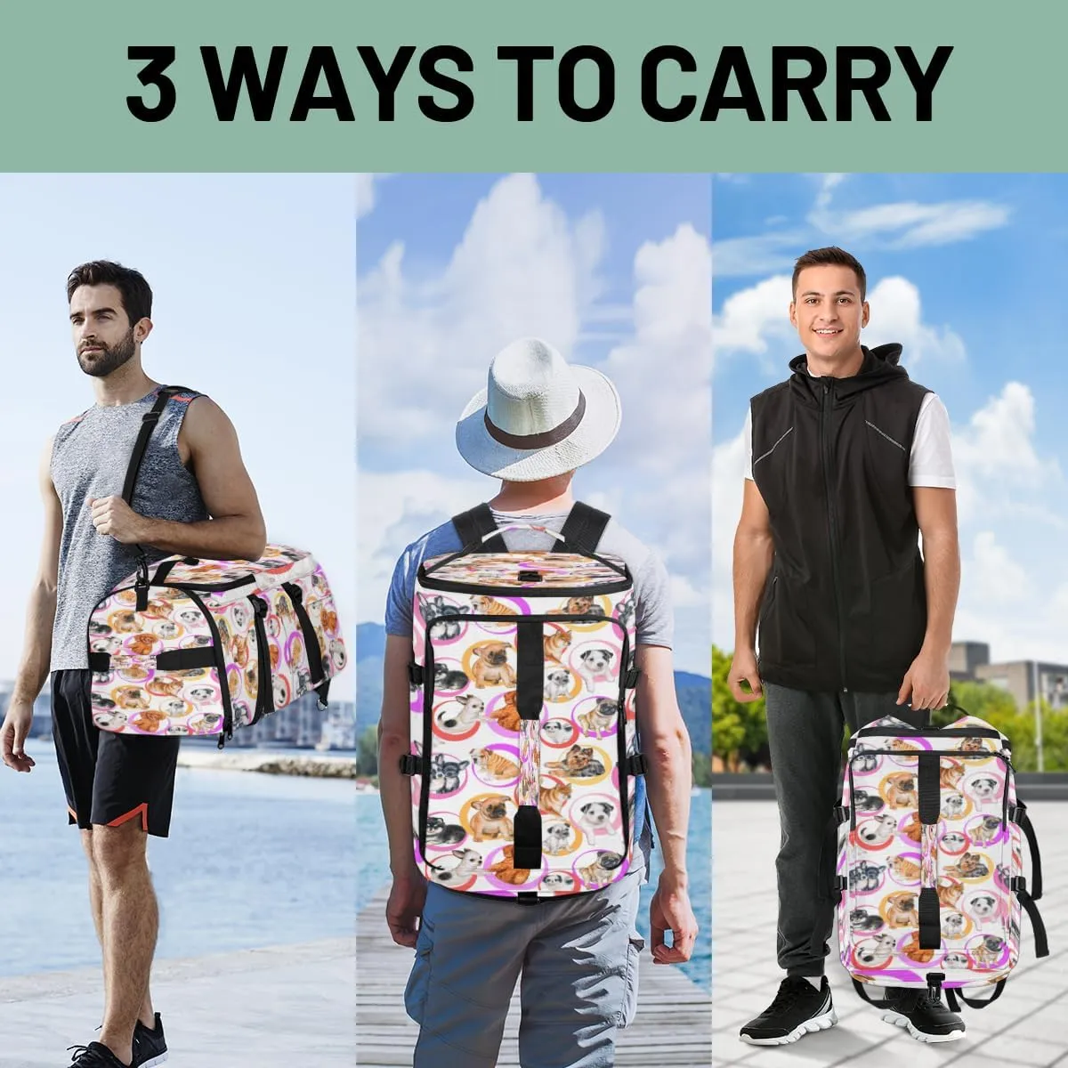 Large Sports Gym Bag With Shoe & Laptop Compartment 47L Waterproof Travel Duffel Bags for Men Women Animal Dog Pattern Luggage Backpack Duffle Bag