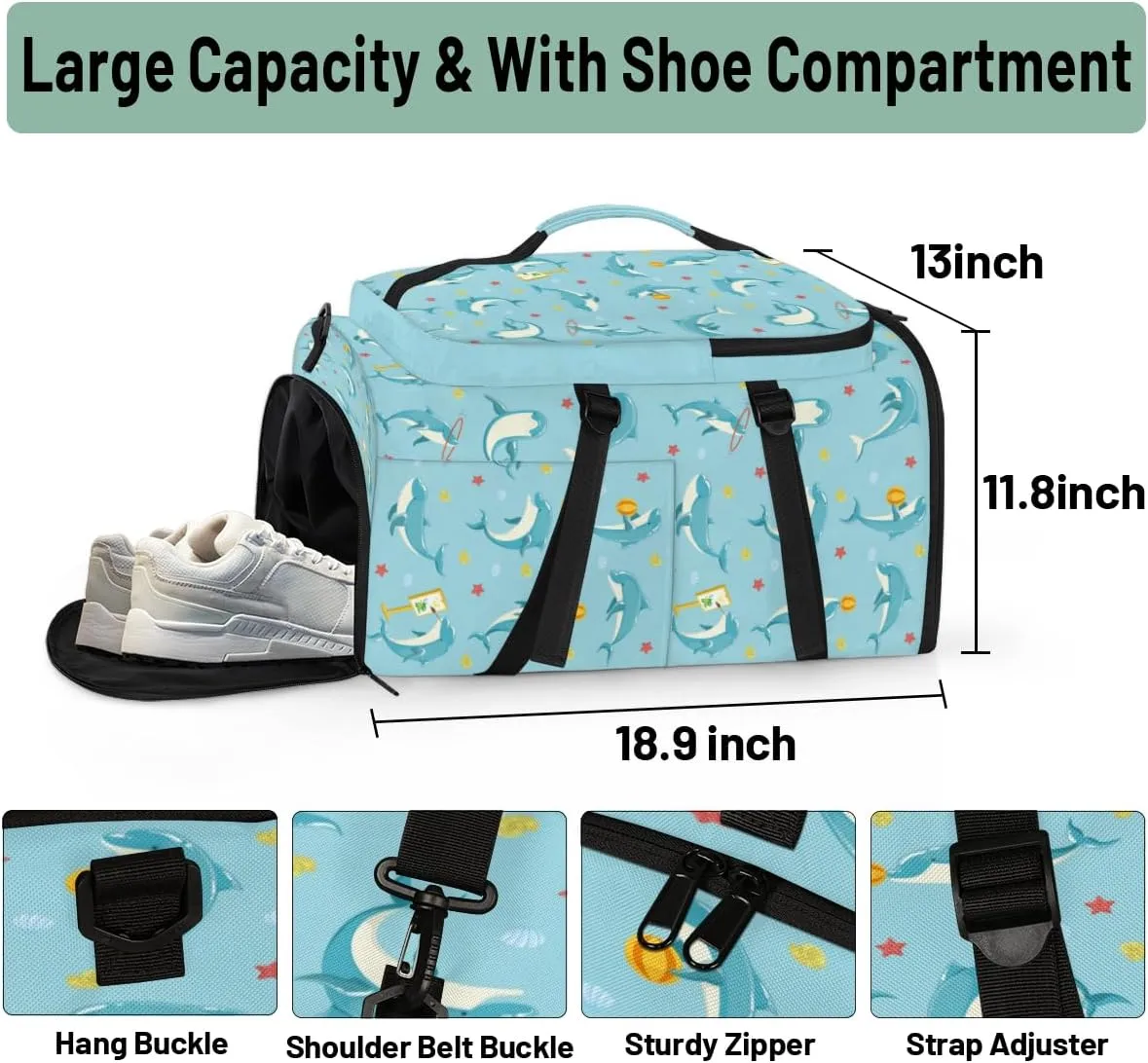Large Sports Gym Bag With Shoe & Laptop Compartment 47L Waterproof Travel Duffel Bags for Men Women Animal Dolphin Luggage Backpack Duffle Bag