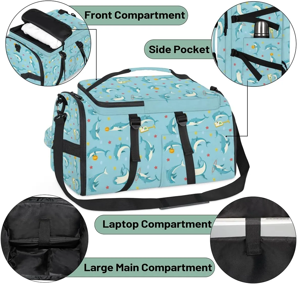 Large Sports Gym Bag With Shoe & Laptop Compartment 47L Waterproof Travel Duffel Bags for Men Women Animal Dolphin Luggage Backpack Duffle Bag