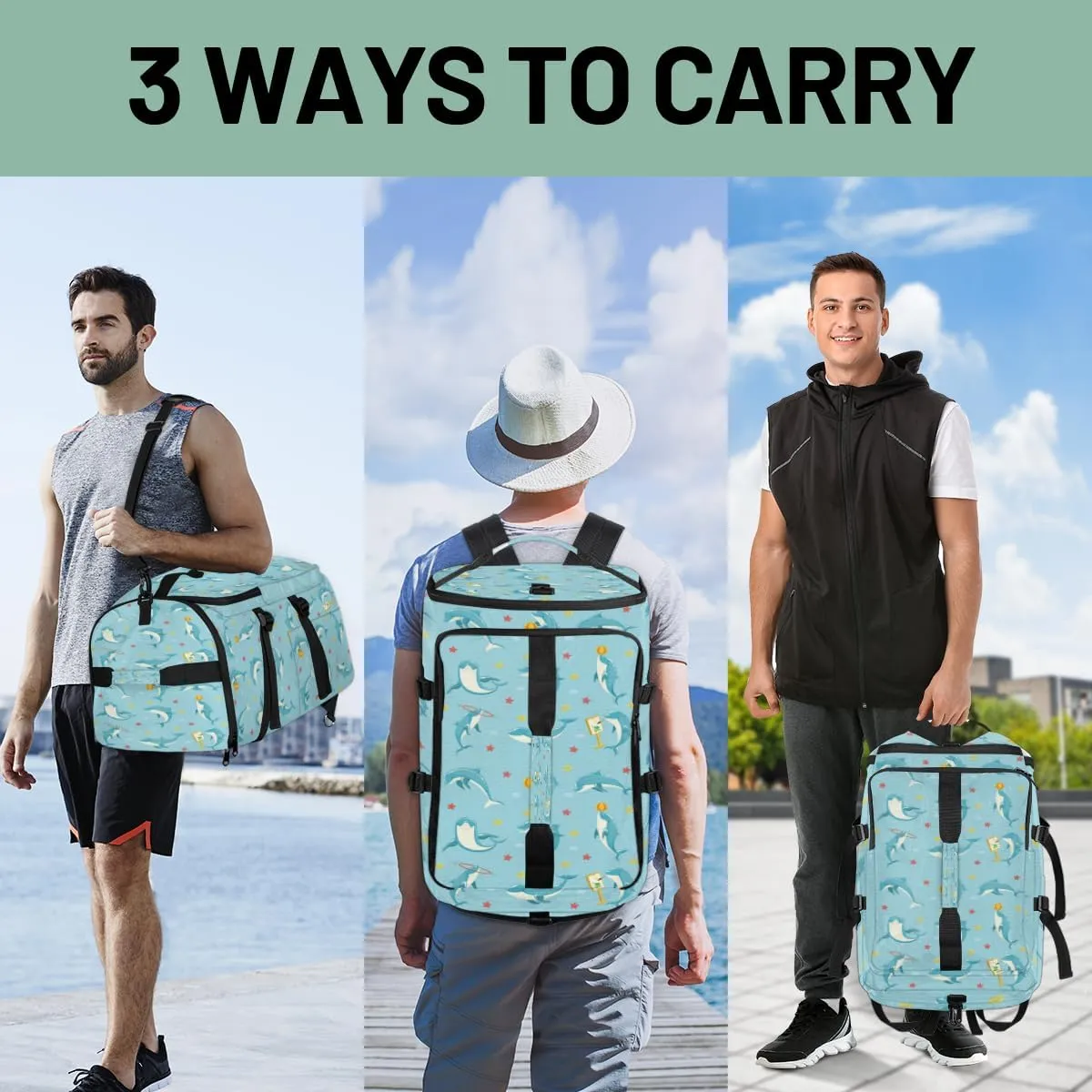 Large Sports Gym Bag With Shoe & Laptop Compartment 47L Waterproof Travel Duffel Bags for Men Women Animal Dolphin Luggage Backpack Duffle Bag