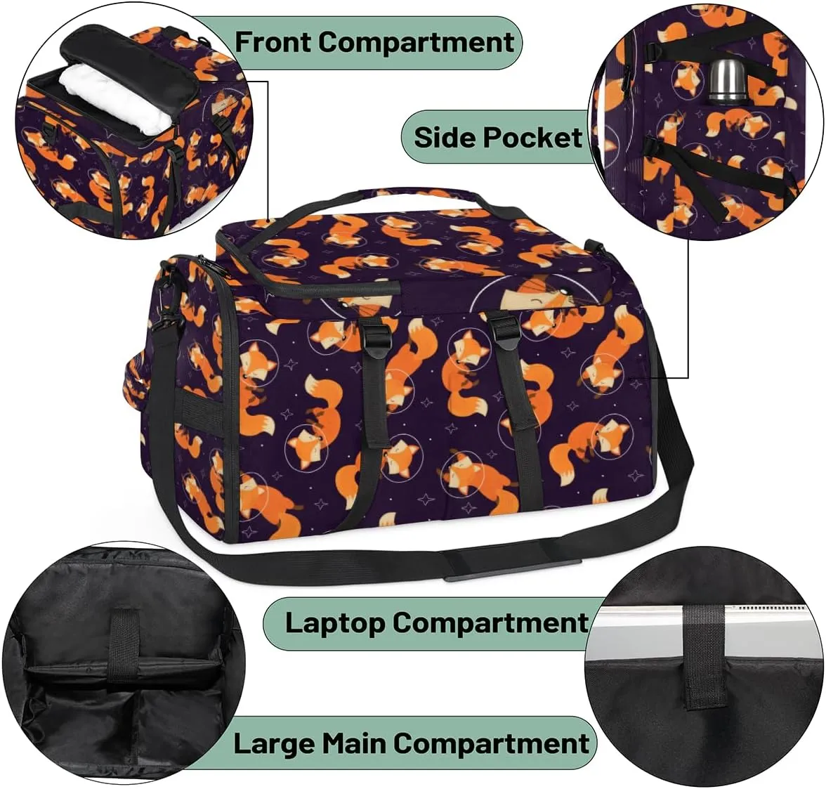 Large Sports Gym Bag With Shoe & Laptop Compartment 47L Waterproof Travel Duffel Bags for Men Women Animal Fox Design Luggage Backpack Duffle Bag