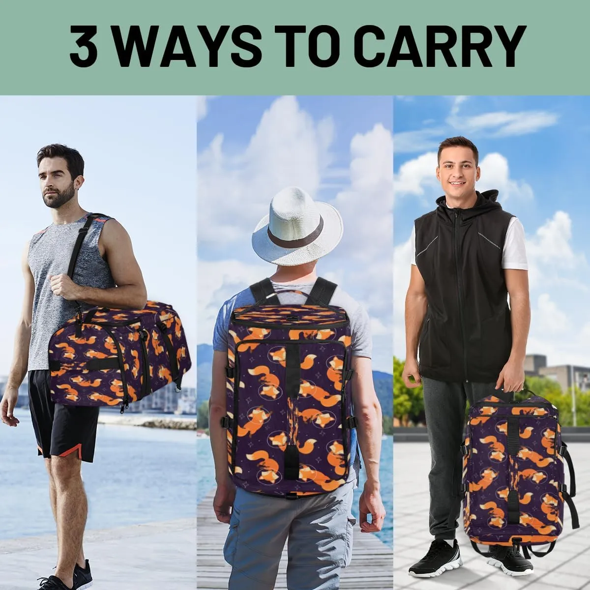 Large Sports Gym Bag With Shoe & Laptop Compartment 47L Waterproof Travel Duffel Bags for Men Women Animal Fox Design Luggage Backpack Duffle Bag