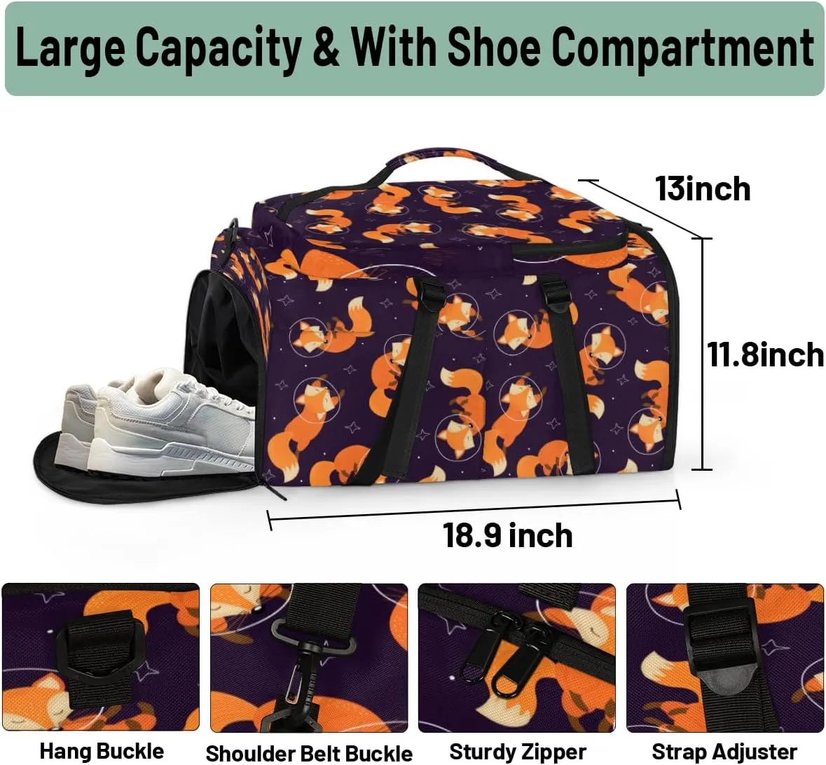 Large Sports Gym Bag With Shoe & Laptop Compartment 47L Waterproof Travel Duffel Bags for Men Women Animal Fox Design Luggage Backpack Duffle Bag