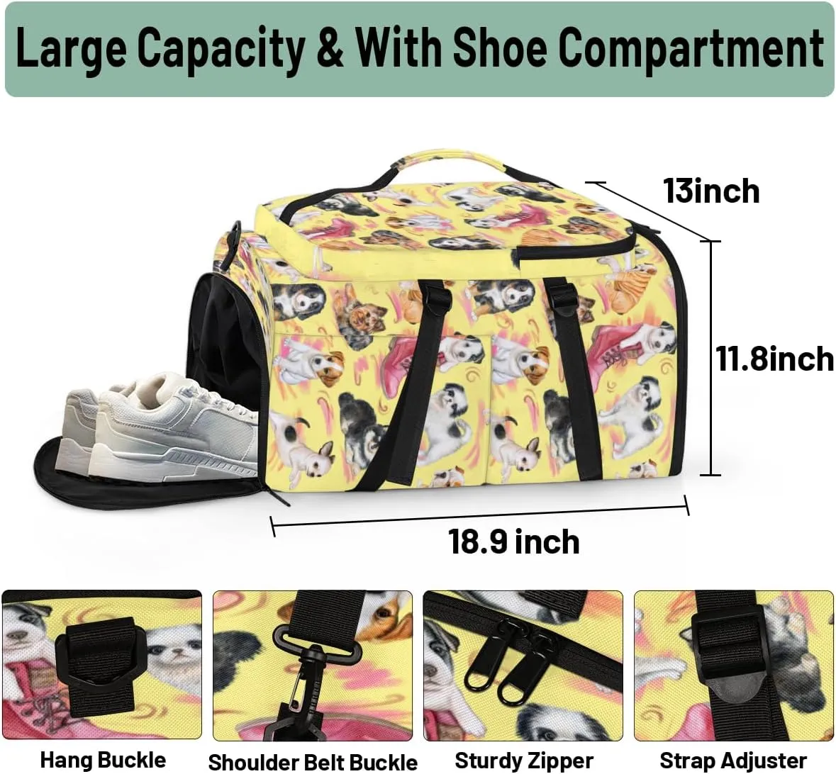 Large Sports Gym Bag With Shoe & Laptop Compartment 47L Waterproof Travel Duffel Bags for Men Women Puppy Design Luggage Backpack Duffle Bag