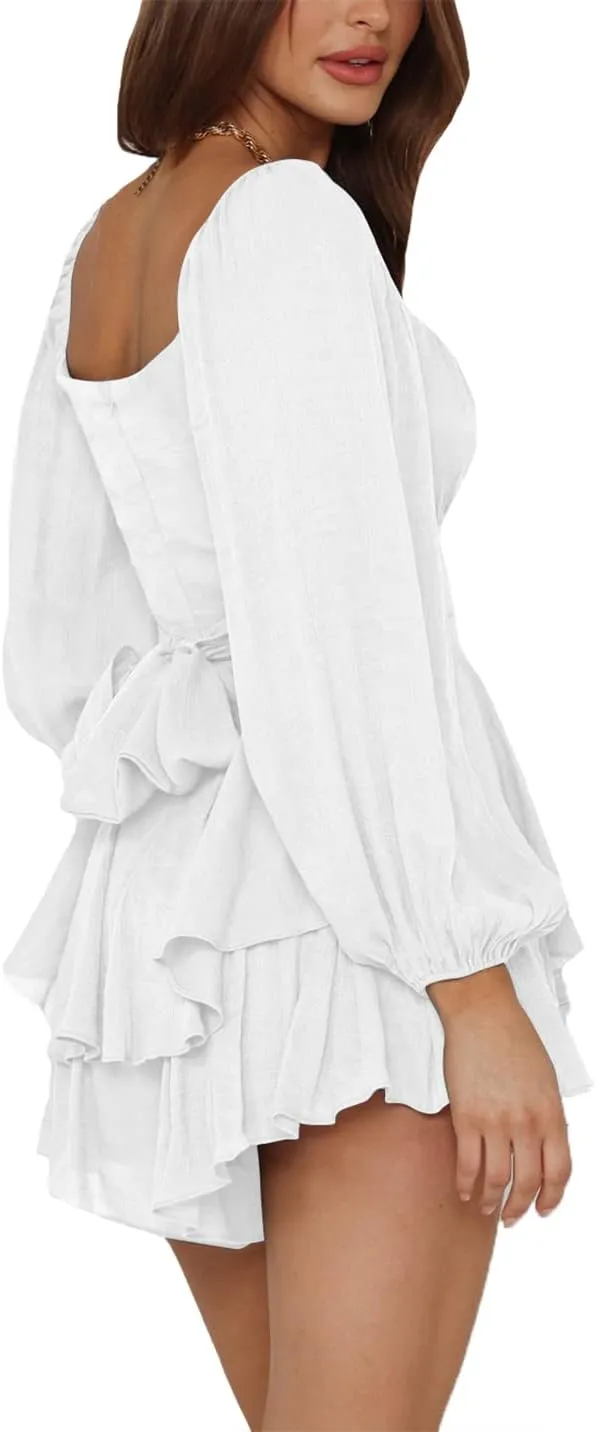 LYANER Women's Jumpsuit Lantern Long Sleeve Ruffle Layer Tie Mini Short Romper