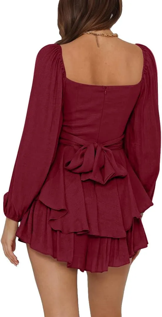 LYANER Women's Jumpsuit Lantern Long Sleeve Ruffle Layer Tie Mini Short Romper