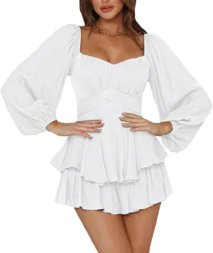 LYANER Women's Jumpsuit Lantern Long Sleeve Ruffle Layer Tie Mini Short Romper