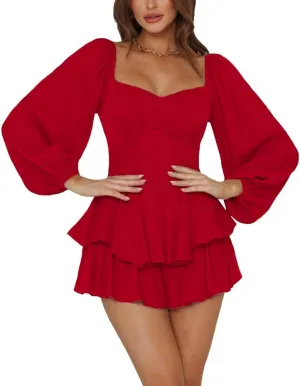 LYANER Women's Jumpsuit Lantern Long Sleeve Ruffle Layer Tie Mini Short Romper