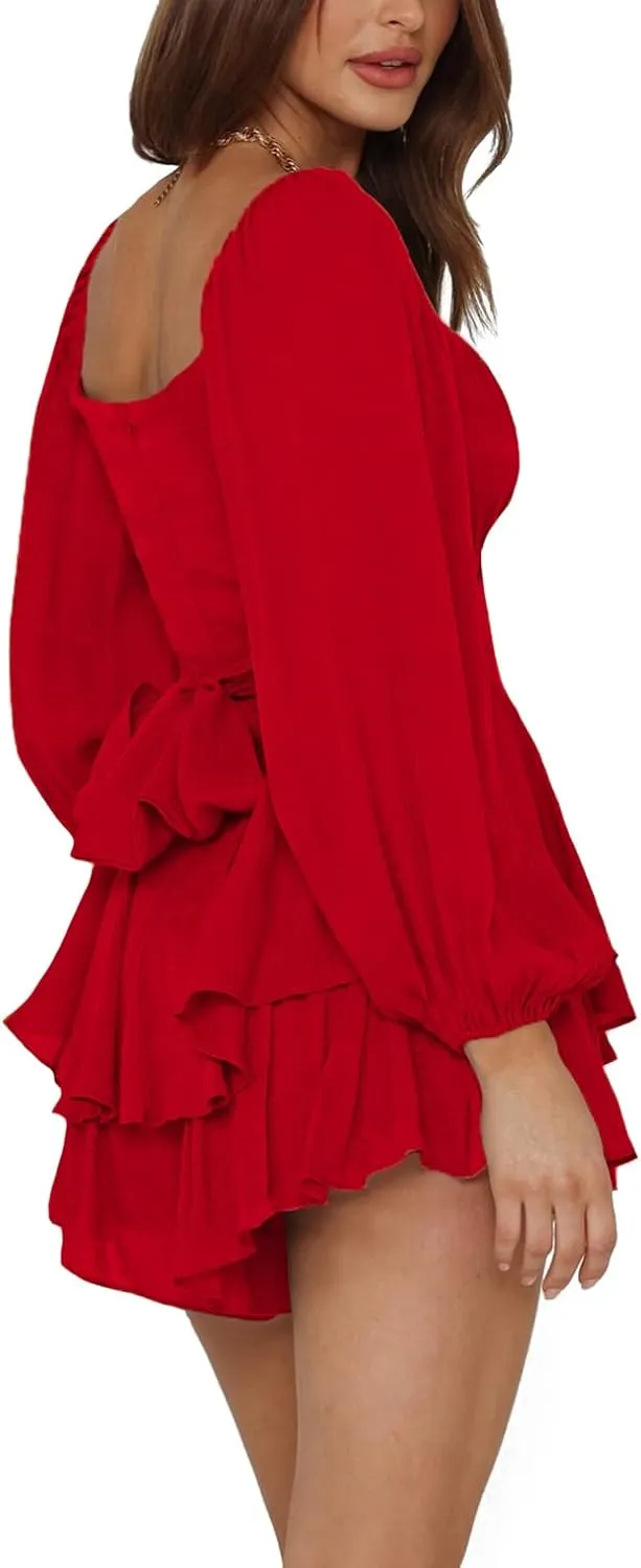 LYANER Women's Jumpsuit Lantern Long Sleeve Ruffle Layer Tie Mini Short Romper