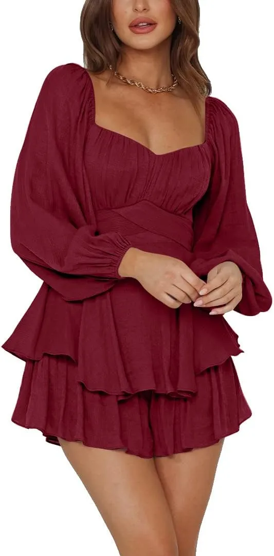LYANER Women's Jumpsuit Lantern Long Sleeve Ruffle Layer Tie Mini Short Romper