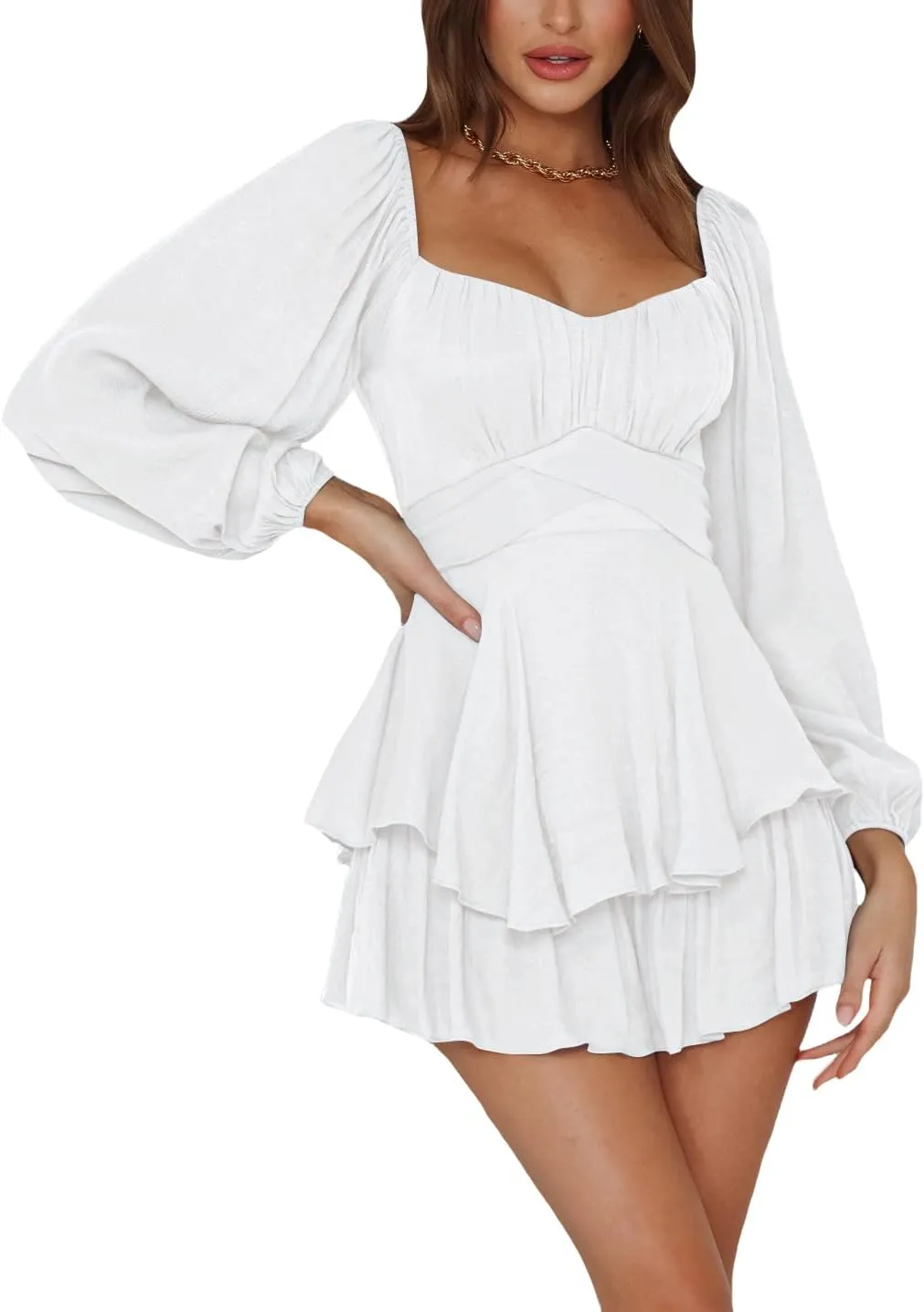 LYANER Women's Jumpsuit Lantern Long Sleeve Ruffle Layer Tie Mini Short Romper
