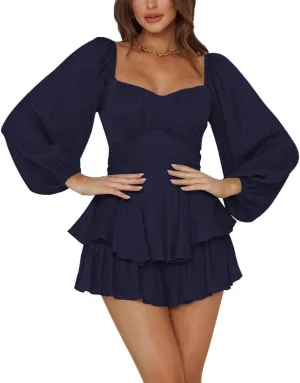 LYANER Women's Jumpsuit Lantern Long Sleeve Ruffle Layer Tie Mini Short Romper