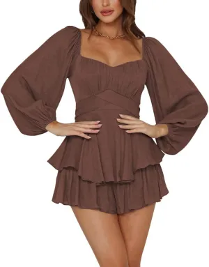 LYANER Women's Jumpsuit Lantern Long Sleeve Ruffle Layer Tie Mini Short Romper