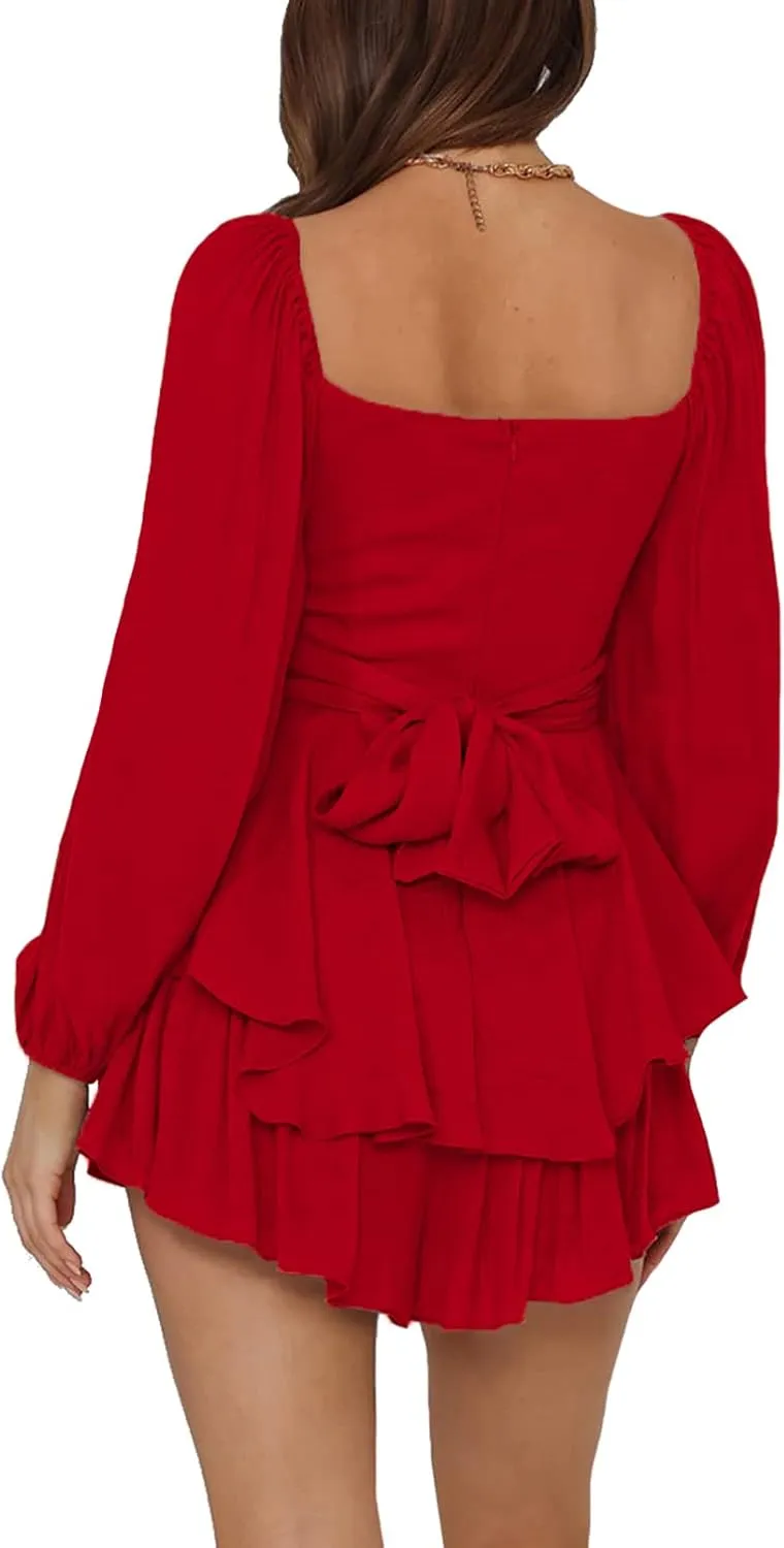 LYANER Women's Jumpsuit Lantern Long Sleeve Ruffle Layer Tie Mini Short Romper