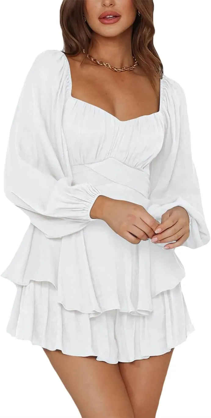 LYANER Women's Jumpsuit Lantern Long Sleeve Ruffle Layer Tie Mini Short Romper