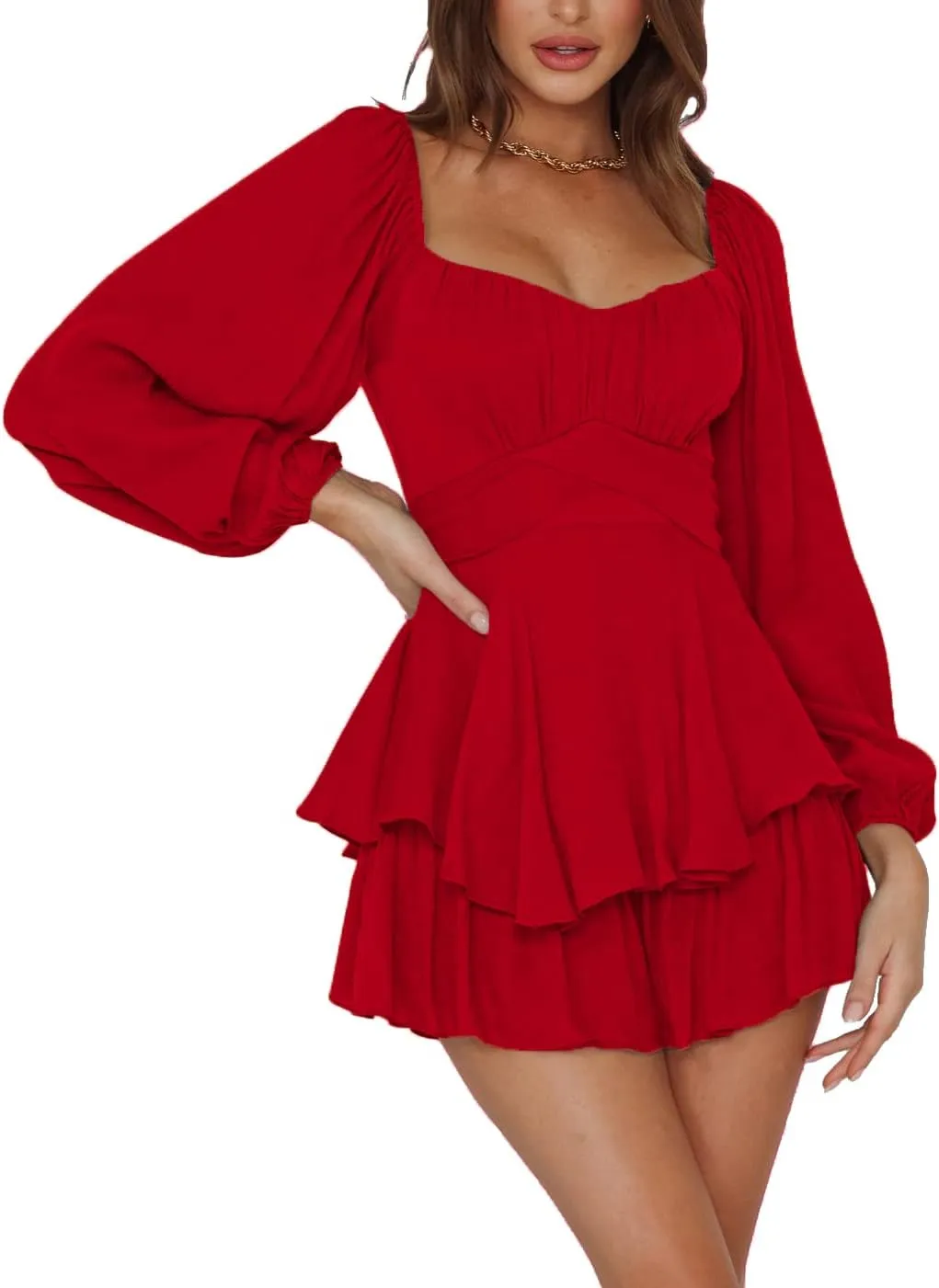 LYANER Women's Jumpsuit Lantern Long Sleeve Ruffle Layer Tie Mini Short Romper