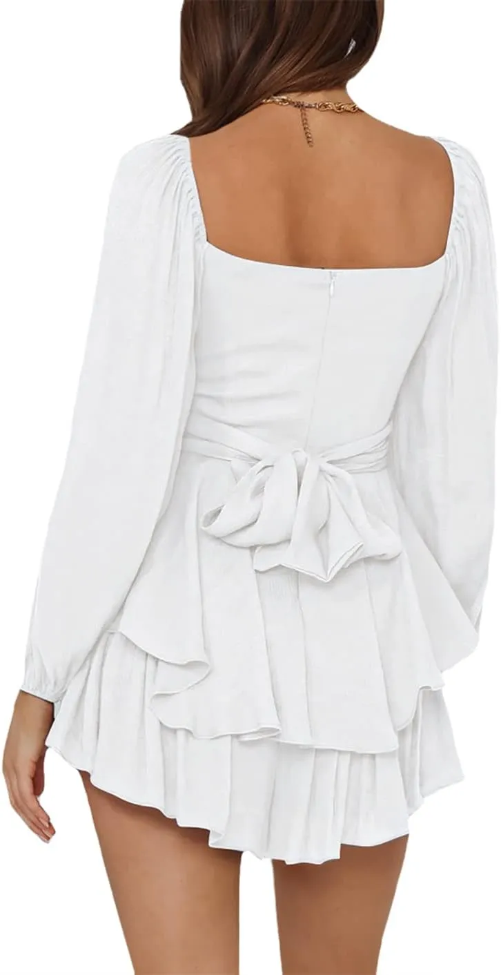 LYANER Women's Jumpsuit Lantern Long Sleeve Ruffle Layer Tie Mini Short Romper