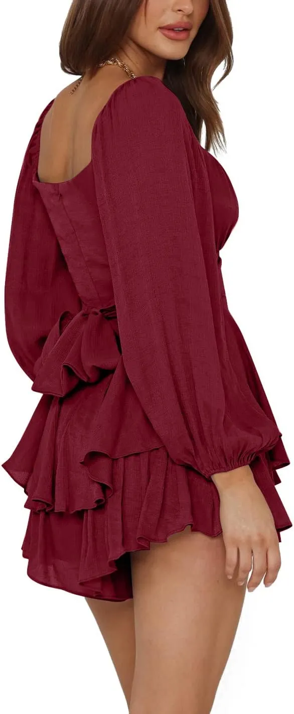 LYANER Women's Jumpsuit Lantern Long Sleeve Ruffle Layer Tie Mini Short Romper