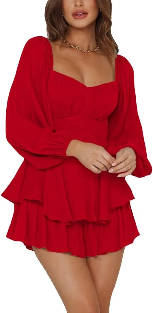 LYANER Women's Jumpsuit Lantern Long Sleeve Ruffle Layer Tie Mini Short Romper