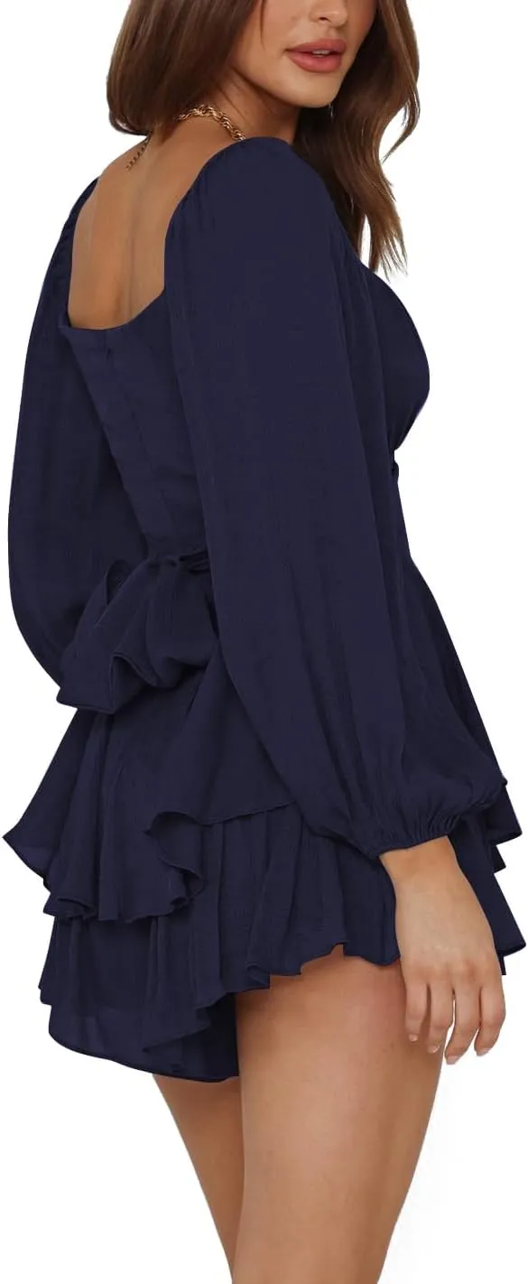 LYANER Women's Jumpsuit Lantern Long Sleeve Ruffle Layer Tie Mini Short Romper