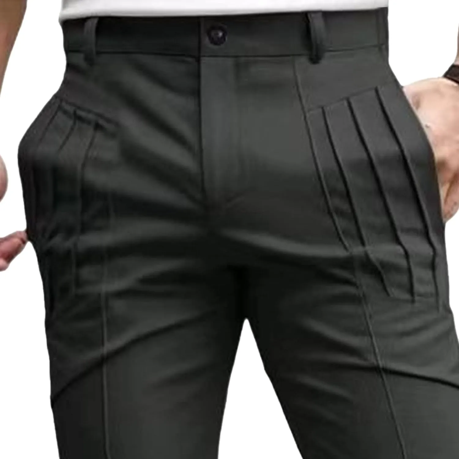 Men's Cotton Pleated Stretch Pants Casual Work Business Chinos Stretch Solid Lightweight Trousers