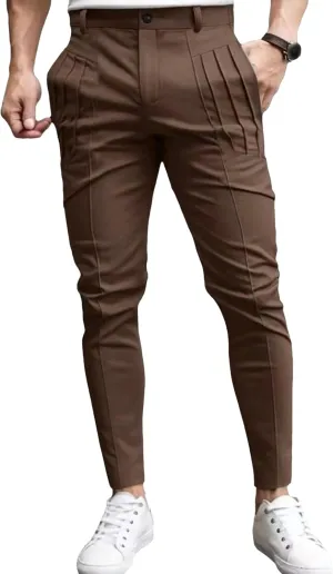 Men's Cotton Pleated Stretch Pants Casual Work Business Chinos Stretch Solid Lightweight Trousers