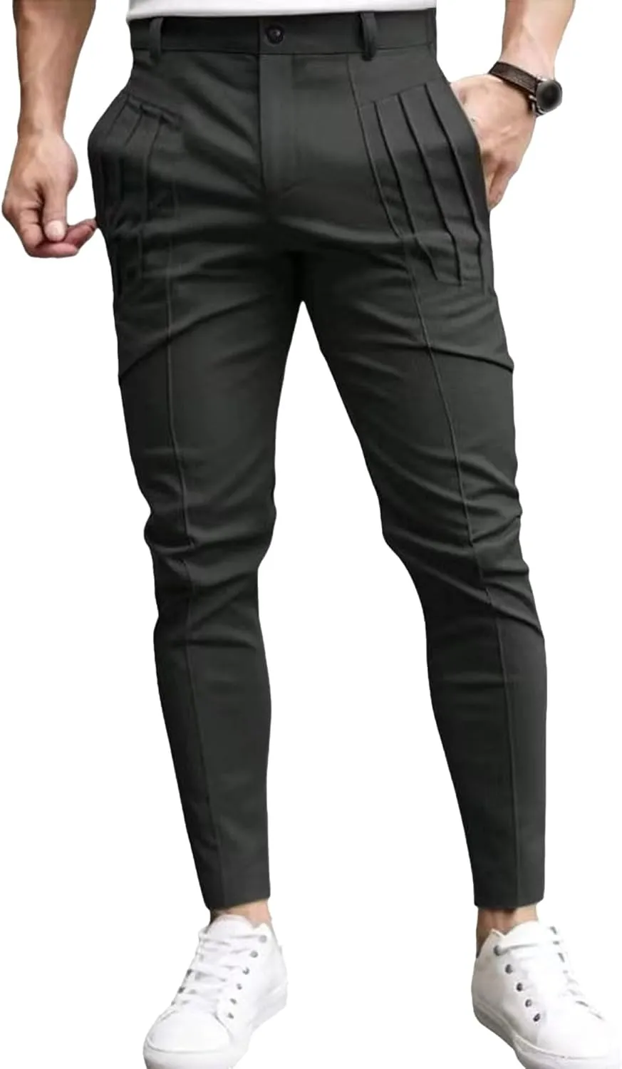 Men's Cotton Pleated Stretch Pants Casual Work Business Chinos Stretch Solid Lightweight Trousers