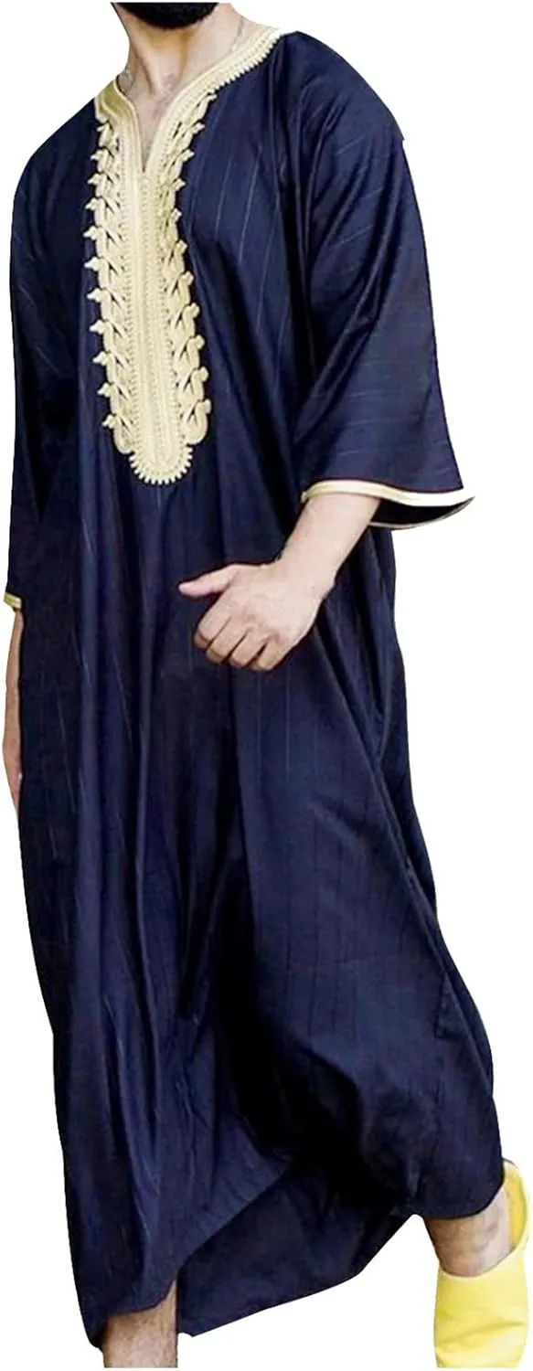 Men's Muslim Thobe Kaftan Robe Islamic Long Sleeve Striped Long Gown Long Shirts Middle East Saudi Arabia Robe