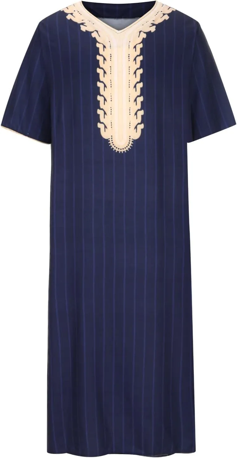 Men's Muslim Thobe Kaftan Robe Islamic Long Sleeve Striped Long Gown Long Shirts Middle East Saudi Arabia Robe