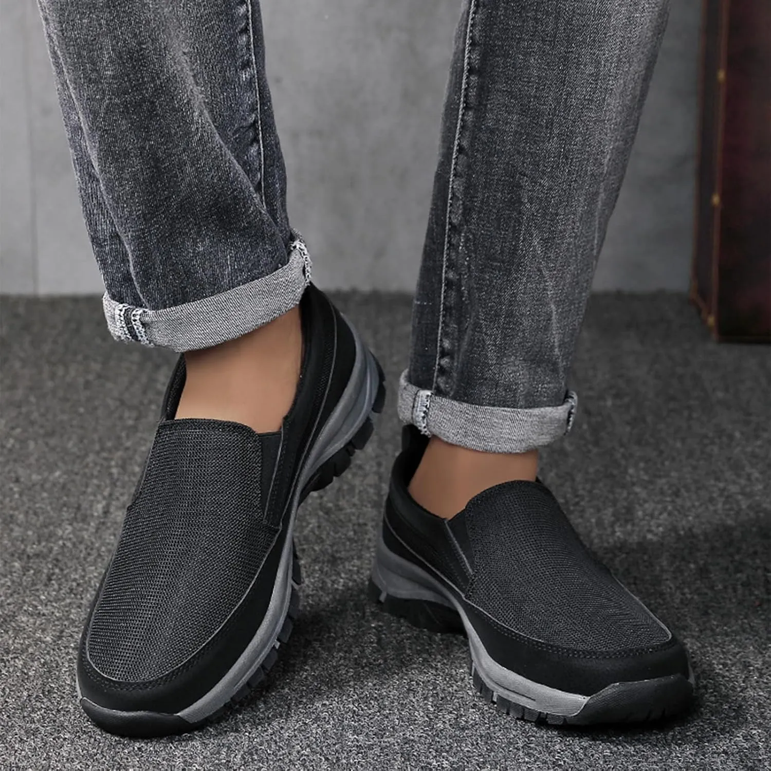 Men's Platform Canvas Slip-On Loafer Casual Shoes, Comfy Lightweight Non-Slip Orthopedic Sneakers with Arch Support Working Traveling Breathable Driving Walking Shoes