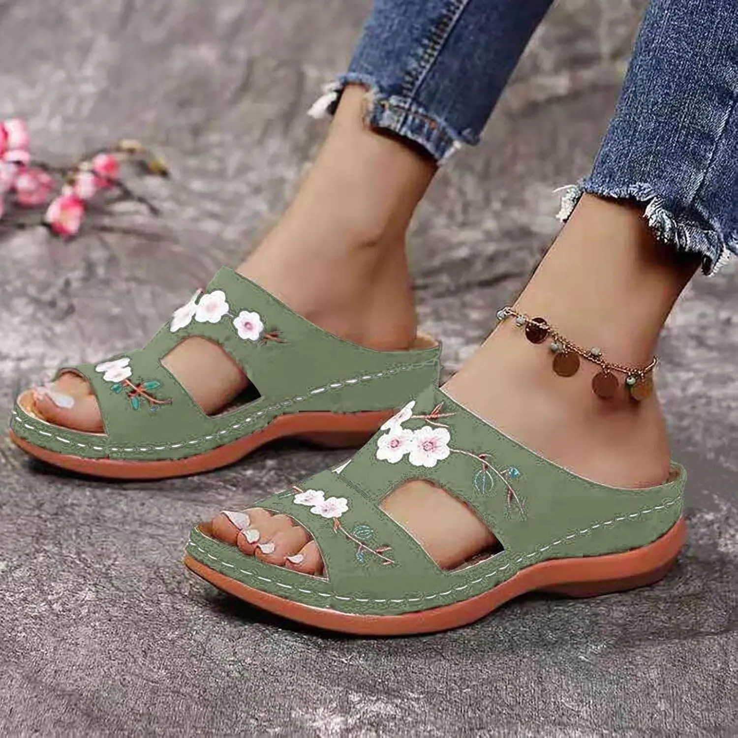 oiangi Women's Sandals Comfortable Wedge Sandals with Arch Support Summer Casual Fish Mouth Open Toe Slip-on Slipper Flower Hollow Platform Slides Flip Flops