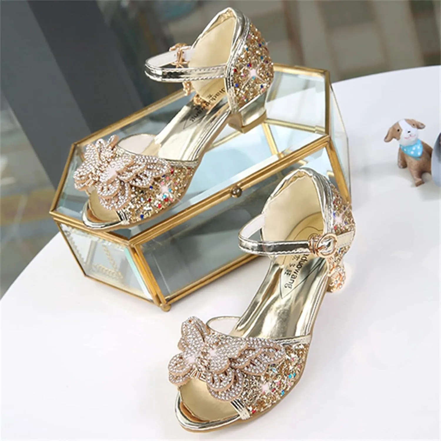 OMEARK Girls Princess Shoes, Kids Open Toe Glitter Dress Shoes Sequins Bowknot High Heels Wedding Party Sandals Round Toe Ankle Straps Dance Bright Diamond Shoes