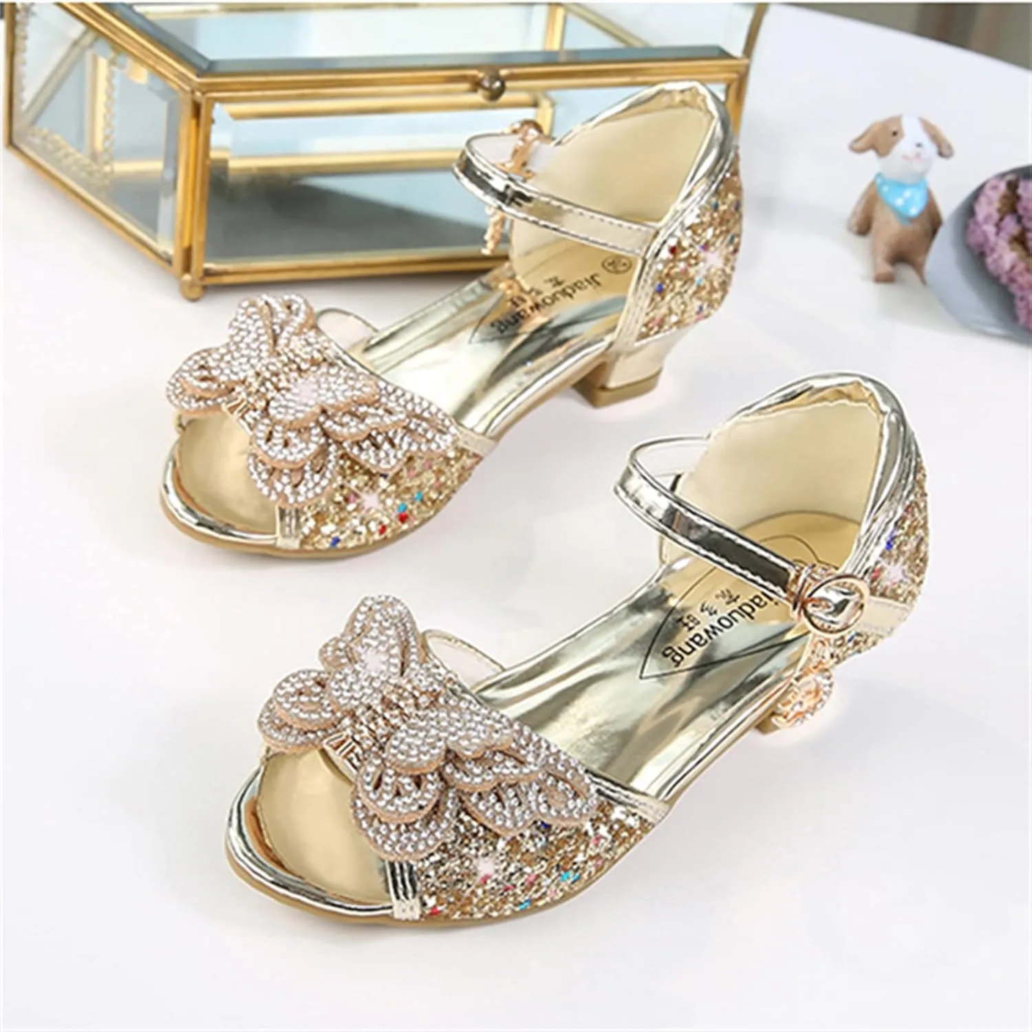 OMEARK Girls Princess Shoes, Kids Open Toe Glitter Dress Shoes Sequins Bowknot High Heels Wedding Party Sandals Round Toe Ankle Straps Dance Bright Diamond Shoes