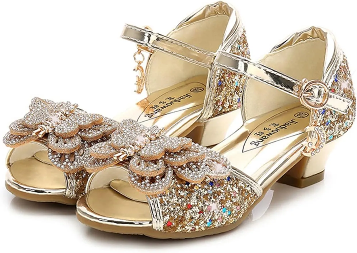 OMEARK Girls Princess Shoes, Kids Open Toe Glitter Dress Shoes Sequins Bowknot High Heels Wedding Party Sandals Round Toe Ankle Straps Dance Bright Diamond Shoes