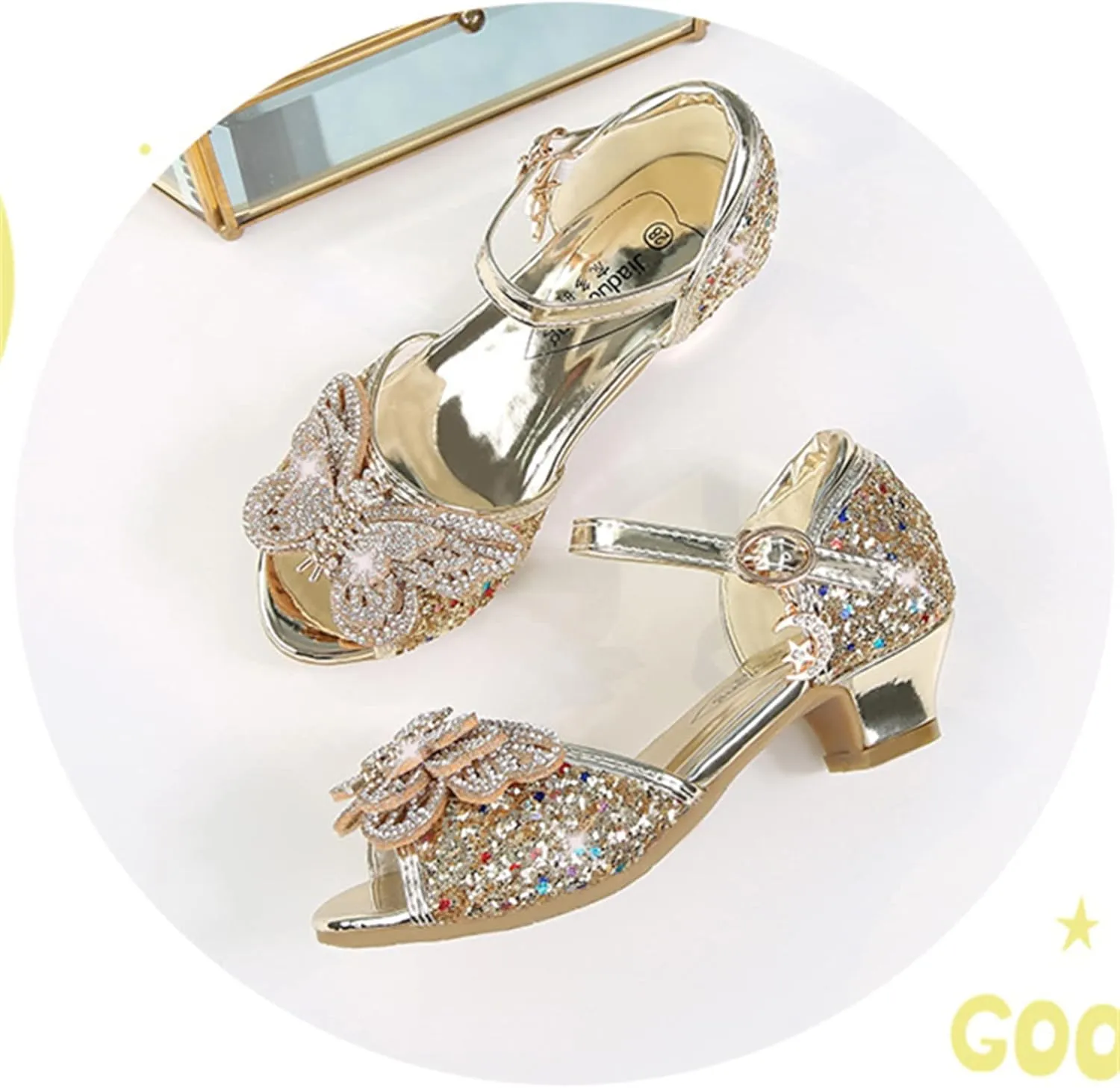 OMEARK Girls Princess Shoes, Kids Open Toe Glitter Dress Shoes Sequins Bowknot High Heels Wedding Party Sandals Round Toe Ankle Straps Dance Bright Diamond Shoes