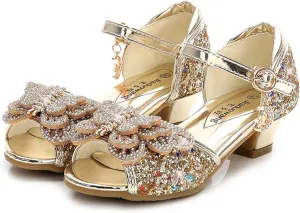 OMEARK Girls Princess Shoes, Kids Open Toe Glitter Dress Shoes Sequins Bowknot High Heels Wedding Party Sandals Round Toe Ankle Straps Dance Bright Diamond Shoes