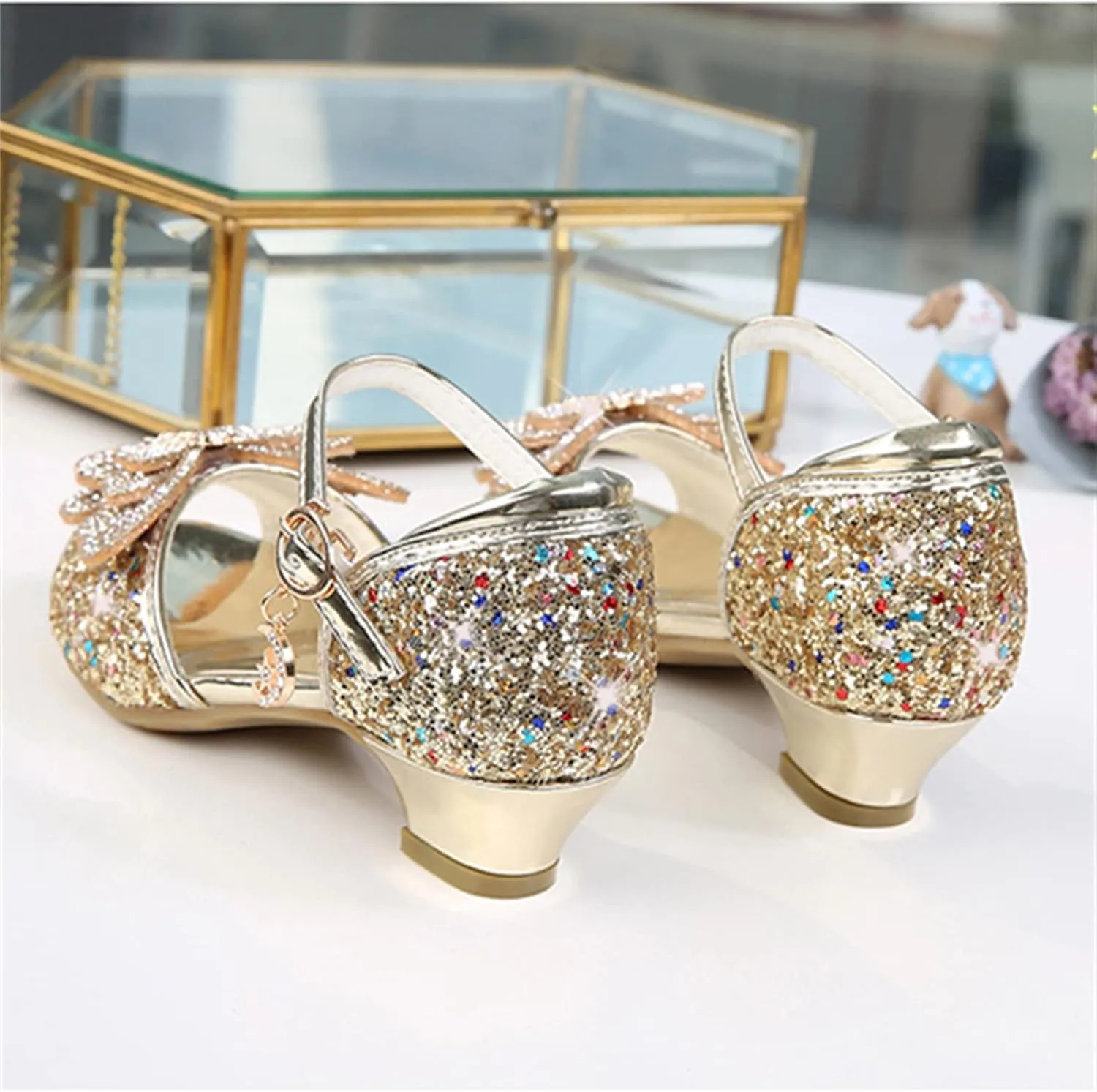 OMEARK Girls Princess Shoes, Kids Open Toe Glitter Dress Shoes Sequins Bowknot High Heels Wedding Party Sandals Round Toe Ankle Straps Dance Bright Diamond Shoes