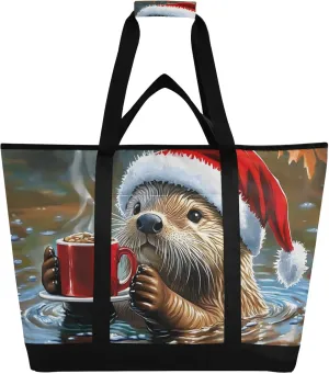 Otter Coffee Christmas Hat Large Insulated Reusable Tote Bag for Grocery Shopping for Women Men, Cooler Bag with Zippered Top & Handles for Travel Beach Picnic