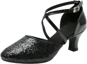 Parisuit Womens Glitter Latin Ballroom Dance Shoes Closed Toe Ankle Cross Strap Mary Jane Pumps Sparkly Sequin Tango Party Wedding Performence Dancing Heels