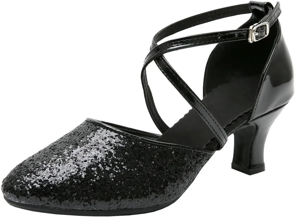 Parisuit Womens Glitter Latin Ballroom Dance Shoes Closed Toe Ankle Cross Strap Mary Jane Pumps Sparkly Sequin Tango Party Wedding Performence Dancing Heels