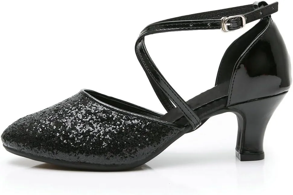 Parisuit Womens Glitter Latin Ballroom Dance Shoes Closed Toe Ankle Cross Strap Mary Jane Pumps Sparkly Sequin Tango Party Wedding Performence Dancing Heels