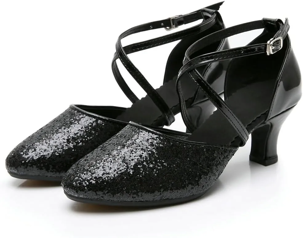 Parisuit Womens Glitter Latin Ballroom Dance Shoes Closed Toe Ankle Cross Strap Mary Jane Pumps Sparkly Sequin Tango Party Wedding Performence Dancing Heels