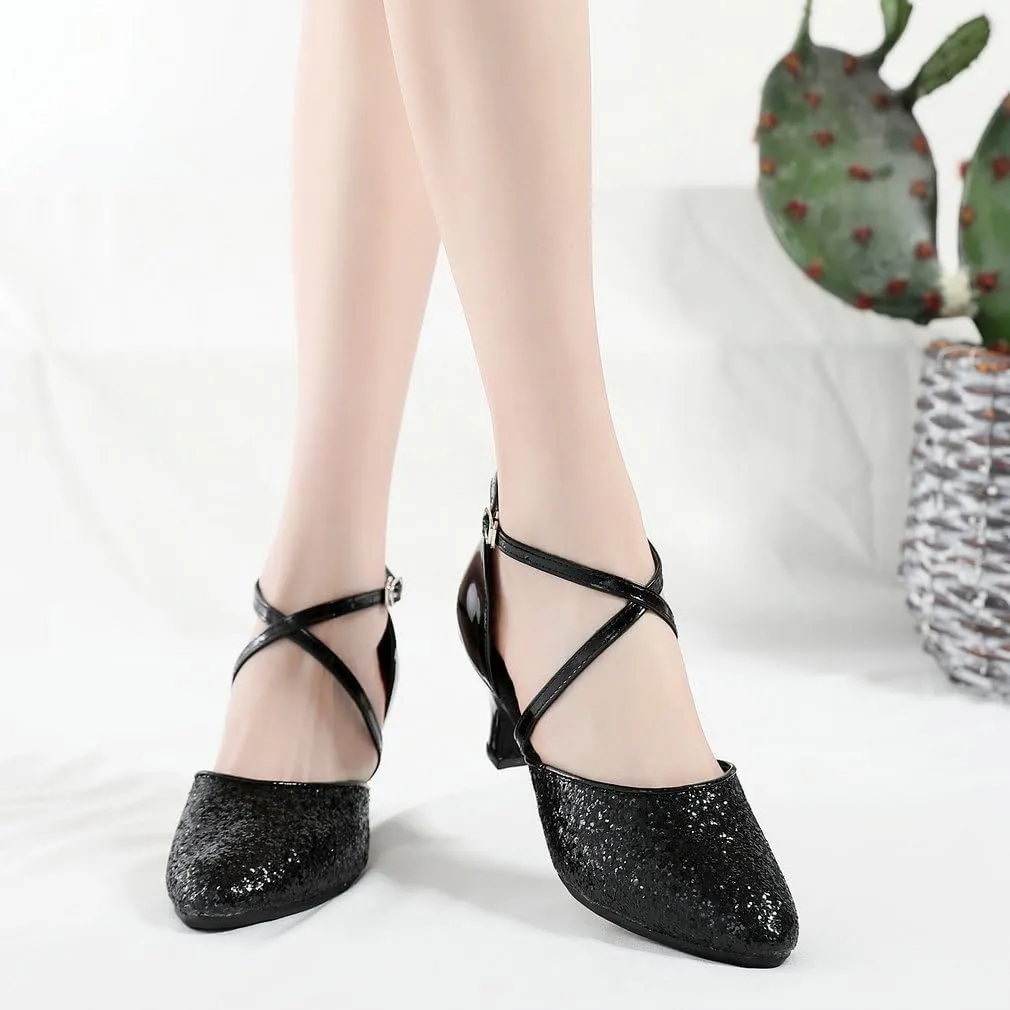 Parisuit Womens Glitter Latin Ballroom Dance Shoes Closed Toe Ankle Cross Strap Mary Jane Pumps Sparkly Sequin Tango Party Wedding Performence Dancing Heels