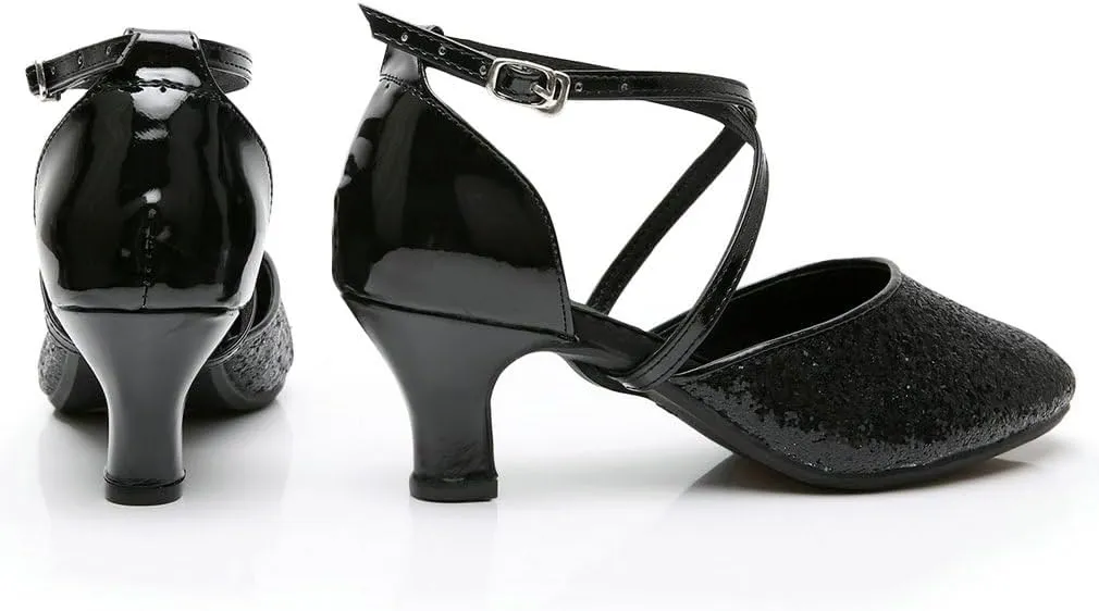 Parisuit Womens Glitter Latin Ballroom Dance Shoes Closed Toe Ankle Cross Strap Mary Jane Pumps Sparkly Sequin Tango Party Wedding Performence Dancing Heels