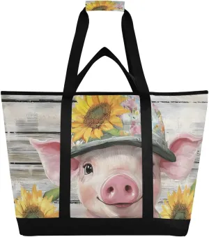 Pig Cute Hat Board Large Insulated Reusable Tote Bag for Grocery Shopping for Women Men, Cooler Bag with Zippered Top & Handles for Travel Beach Picnic